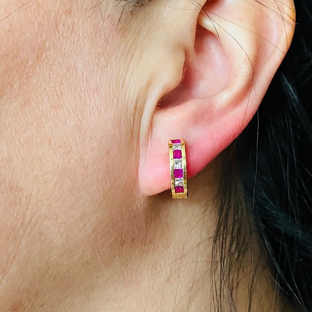 14kt 1.28ct Ruby & Diamond Earrings Huggies Hoops